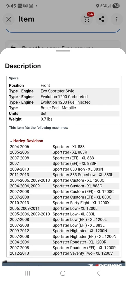 Pastillas de freno delanteras y traseras Harley Davidson Sportster XL883 XL884 2004-2013 Foto 3 de 3