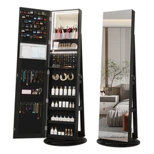 360° Swivel Mirror Jewelry Cabinet with Lights, Large Jewelry Armoire Standing