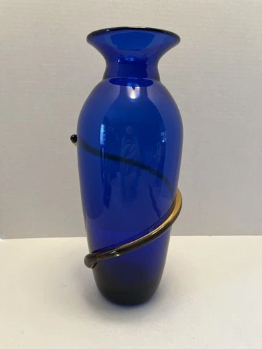 12" Cobalt Blue Glass Vase w/ Amber Swirl  Signed by Richard Blenko 2000