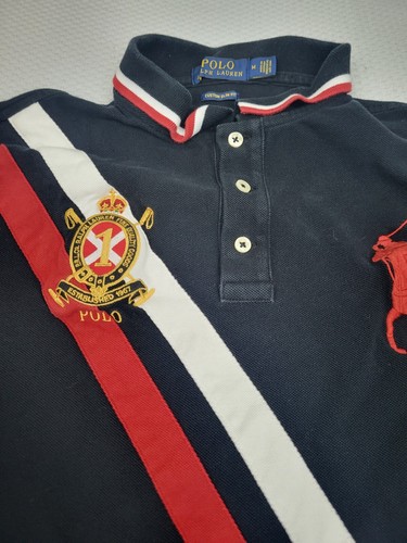 Polo Ralph Lauren Big Pony Shirt Boys Medium Blue Crest Slim Fit Double Striped - Picture 2 of 8