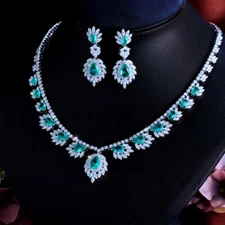 Silver Plated CZ Dangle Drop Charm Feather Bridal Necklace Earrings Jewelry Set