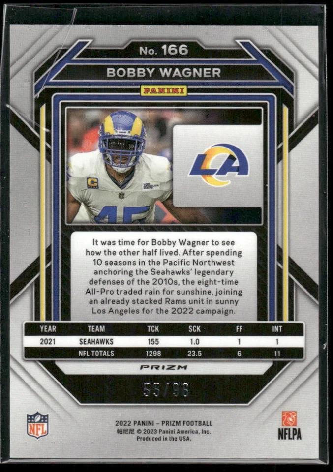 #166 Bobby Wagner 2022 Panini Prizm #/96 Blue Sparkle - Image 2 of 2
