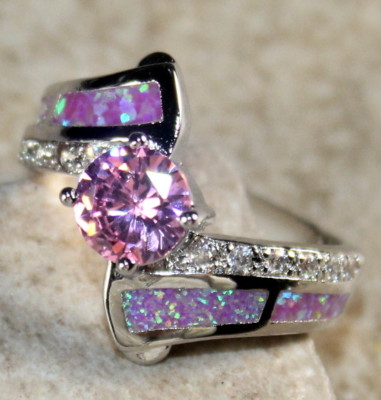SILVER Elegant Pink Fire Opal & Pink Kunzite Ring Size 7 WR40903 
