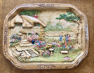 Vintage Hand Painted Plaster 3D Wall Art Cottage Garden Scene