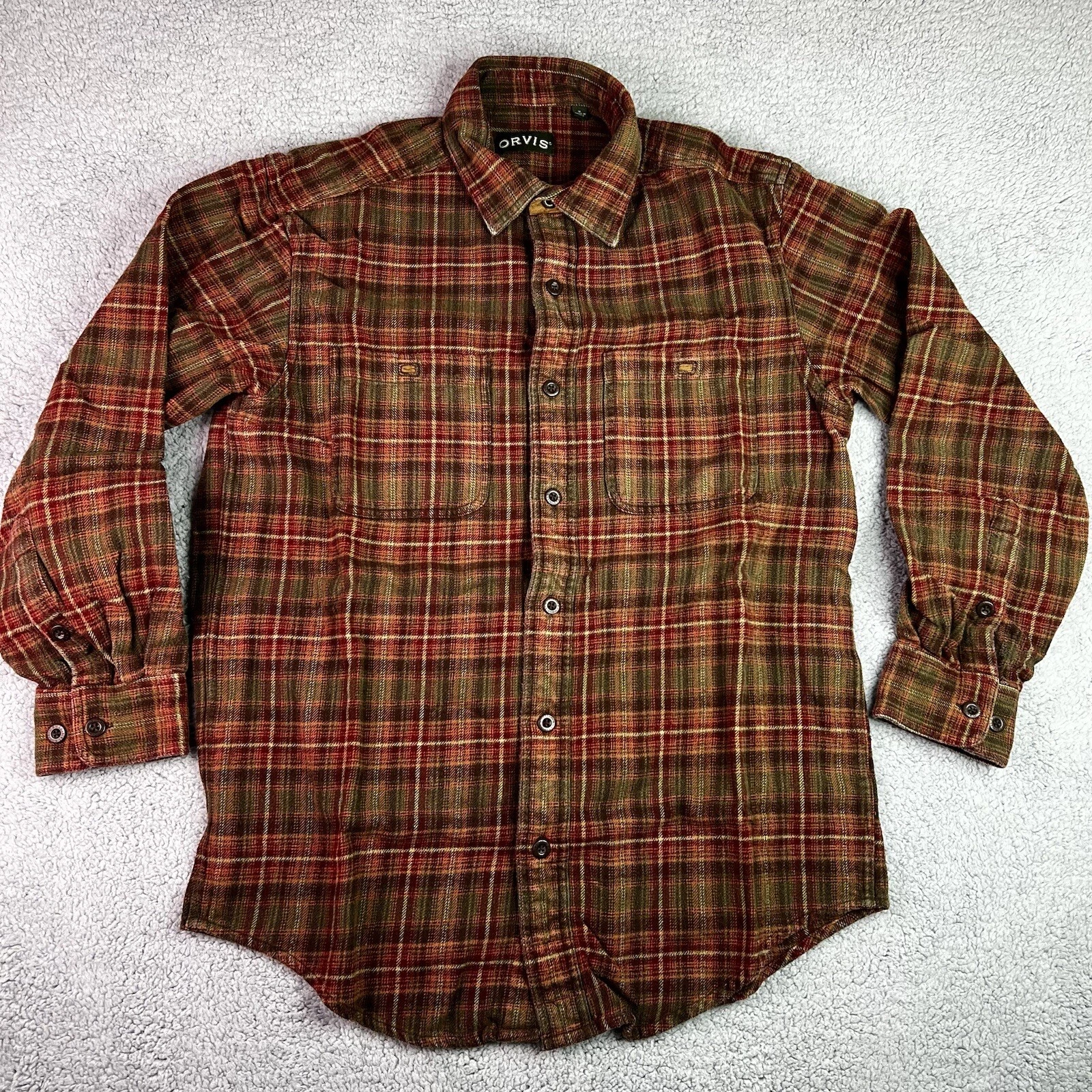 Orvis Plaid Flannel Shirt Sueded Trim Accents Cotton Outdoors Lumberjack Mens M