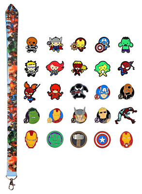 Marvel Avengers Themed Lanyard Starter Set with 5 Disney Park Trading Pins ~ New