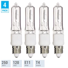 4 Pack Q250CL/MC 250 Watt 250W T4 T4.5 E11 Mini Candelabra Base 120V Clear Bulbs