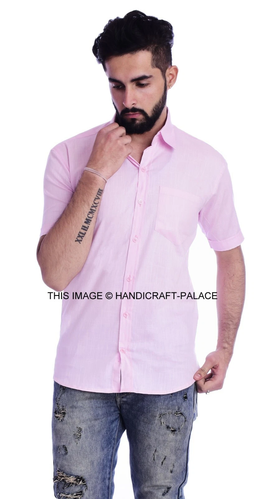 Men's Casual Blouse Cotton Linen T-shirt Loose Tops Short Sleeve Button Shirt