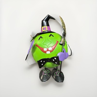 Metal Halloween Witch Decoration   Bouncing Green Goblin 18  Tall w/ Broom