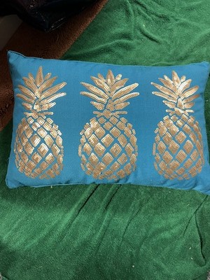 Bright Blue Gold Sequin Pineapple Accent Pillow 11 x17  With Down Pillow Insert 