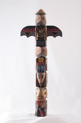 Large Antique Painted Hand Carved Wood 20.5'' tall x 3'' depth Alaskan Totem Pole