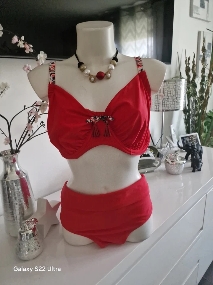 Wamea Beach bikini femme rouge uni 2 pièces culotte haute armatures haut 105 D - Photo 2/4