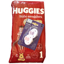 Huggies Little Snugglers Size 1 - 32 Count + 2 Phillips ADVENT Soothies Pink/Lav