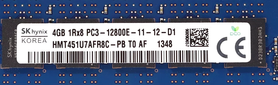 SK Hynix 4GB 1Rx8 PC3-12800E-11-12-D1 ECC Unbuffered Memory P/N:HMT451U7AFR8C-PB - Image 2 of 2