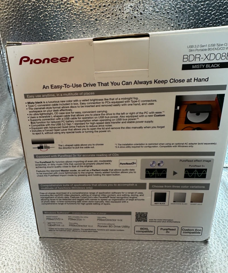 Pioneer USB 3.2 Gen1 2.0 Slim Portable BC/DVD/CD Writer BDR-XD08B Misty Black - Image 2 of 4