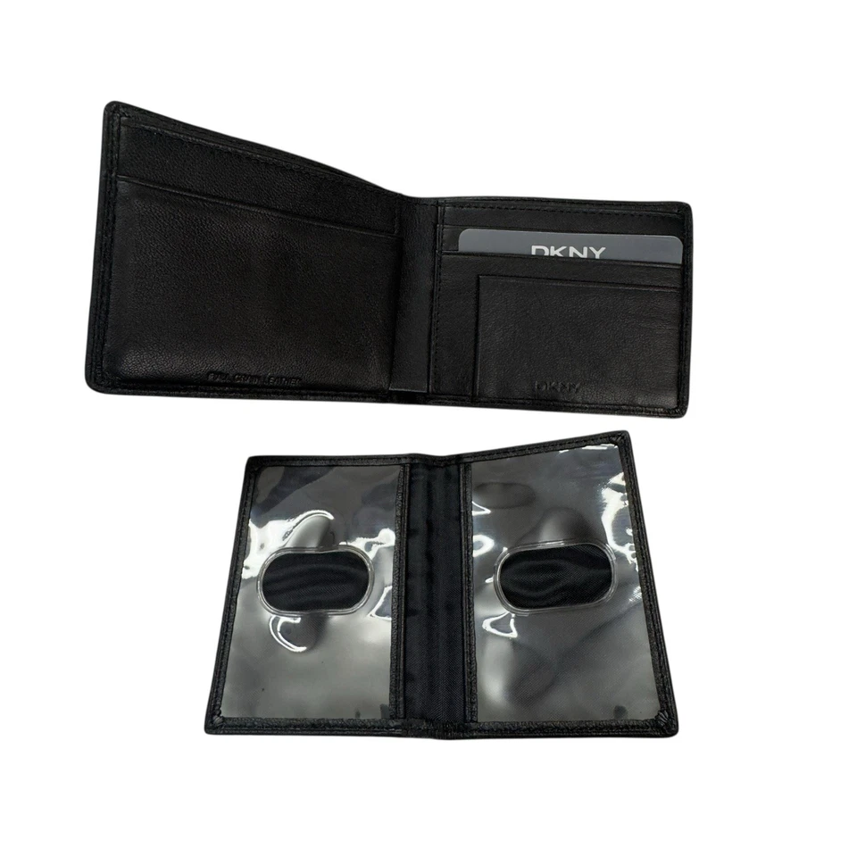DKNY 黑色皮革双折钱包全新 2000 年代早期梅西百货盒真皮 ID — 第 3/4 张图片