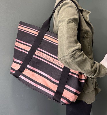 Victoria s Secret Striped Canvas Tote Bag Pink Black Large Shopper Zip Top