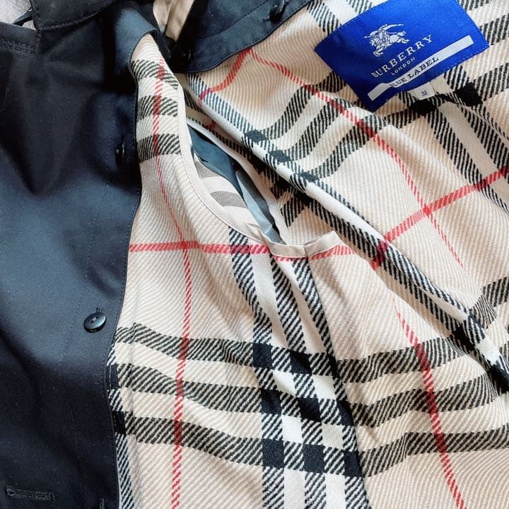 Burberry Blue Label Trench Coat Black Polyester Check Pattern Size 38 Women thumbnail 8