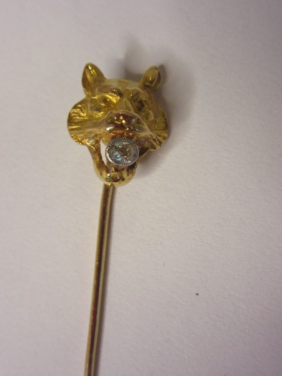 18K Yellow Gold & Diamond Tiger Stick Hat Pin View 2