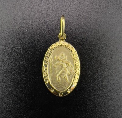 14K Yellow Gold Oval Shaped Saint Christopher Protect Us Pendant