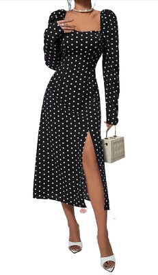 LULU'S Charmed & Classy Polka Dot Long Sleeve Midi Dress Black White L |  eBay