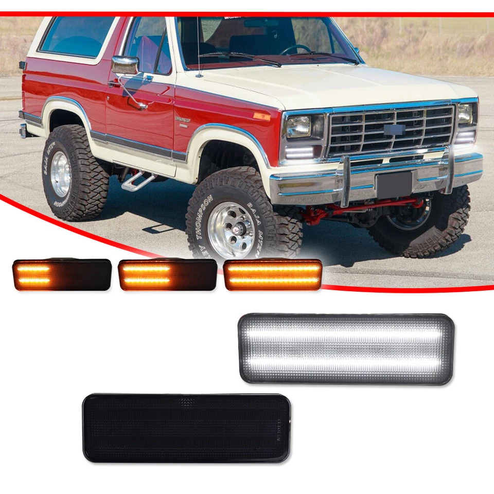 DRL Turn Signal LED Lights Pair For 80-86 Ford Bronco F150 F250 F350 Smoked Lens - Image 3 of 4