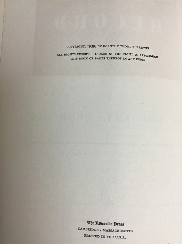 Let the Record Speak by Dorothy Thompson HC/DJ 1st Ed 1939 WWII  - Image 4 of 4