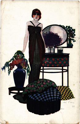 PC KÜNSTLER SIGNIERT, MILES, GLAMOUR LADY MIT BLUMEN, Vintage Postkarte (b51571)