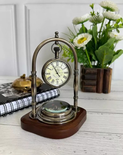Brass Desk Clock Study Table Clock With Compass - Picture 2 of 5