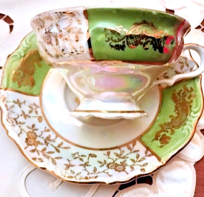 Porzellan  mKs Bavaria Germany, Sammeltasse 2 teilig, Weiß, Mint,Orange u. Gold