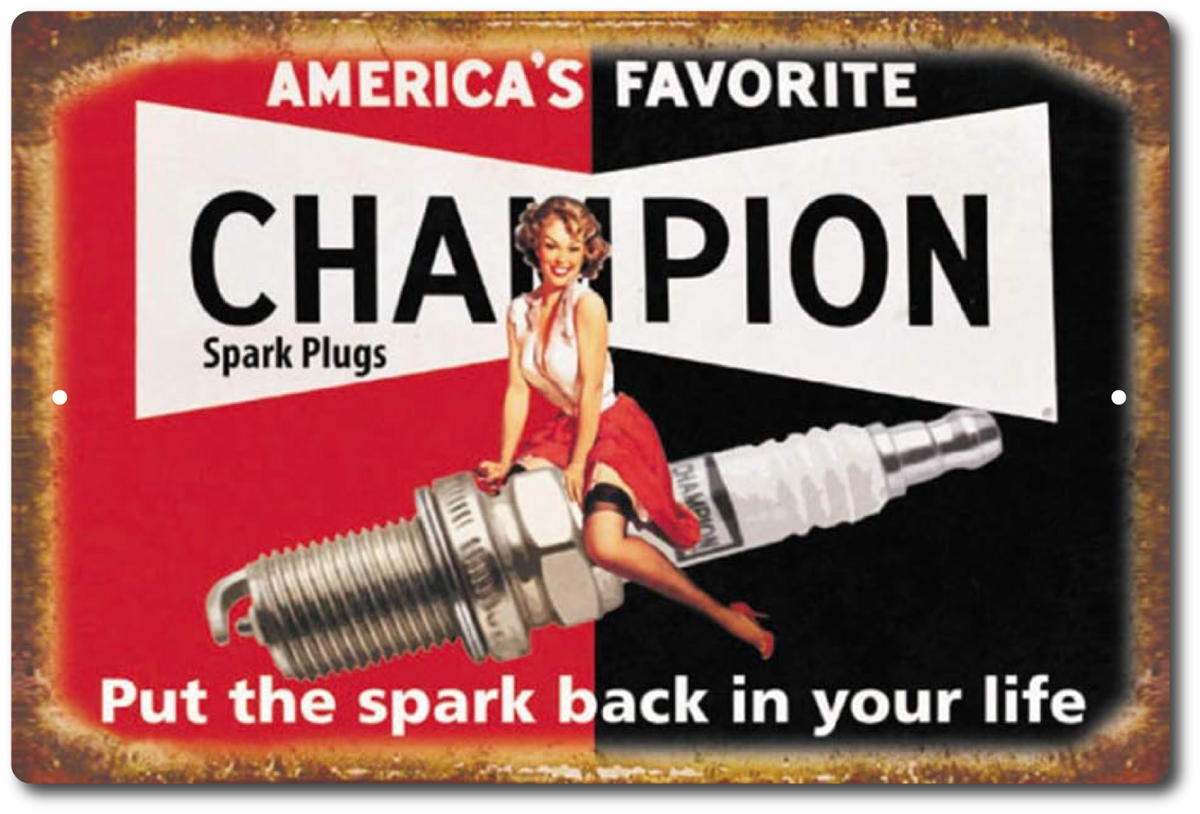 70’s CHAMPION チャンピオン スパーク プラグ ビンテージ バナー Champion Spark Plug Tin Sign Garage Sign Vintage Replicas 70's