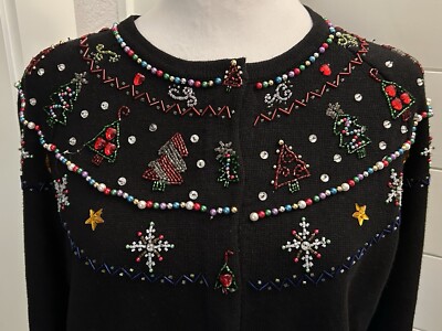 VTG 90 s Jack B Quick Christmas Cardigan Beaded Sweater Women Large Embellished