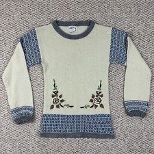 VTG 80s Coilage Off White Flowers Embroidered Acrylic Fitted Sweater Size Medium