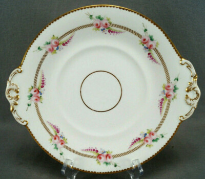 Alcock Hand Painted Pink Rose Blue Floral & Gold Cake Bread & Butter Plate 1850s