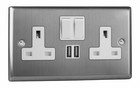 Varilight XT5U2SW Brushed Steel 2 Gang Double 13A Switched Plug Socket 2.1A USB
