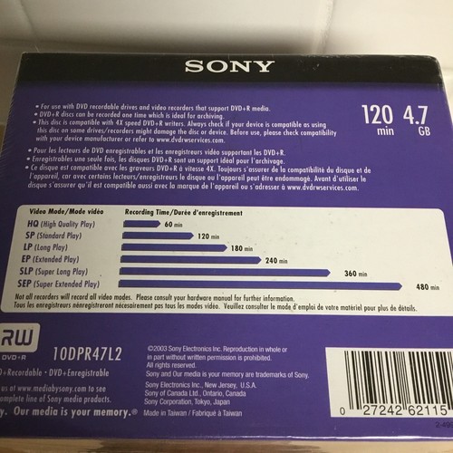 Sony DVD+R 1x - 16x Recordable 120 minute 4.7GB 10DPR47R4 10 Pack Dvd Sealed Pkg - Picture 6 of 6