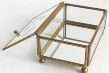 Vtg Rectangular Glass  Brass Jewelry Trinket Box W/Etched Daisy Mirrored Bottom