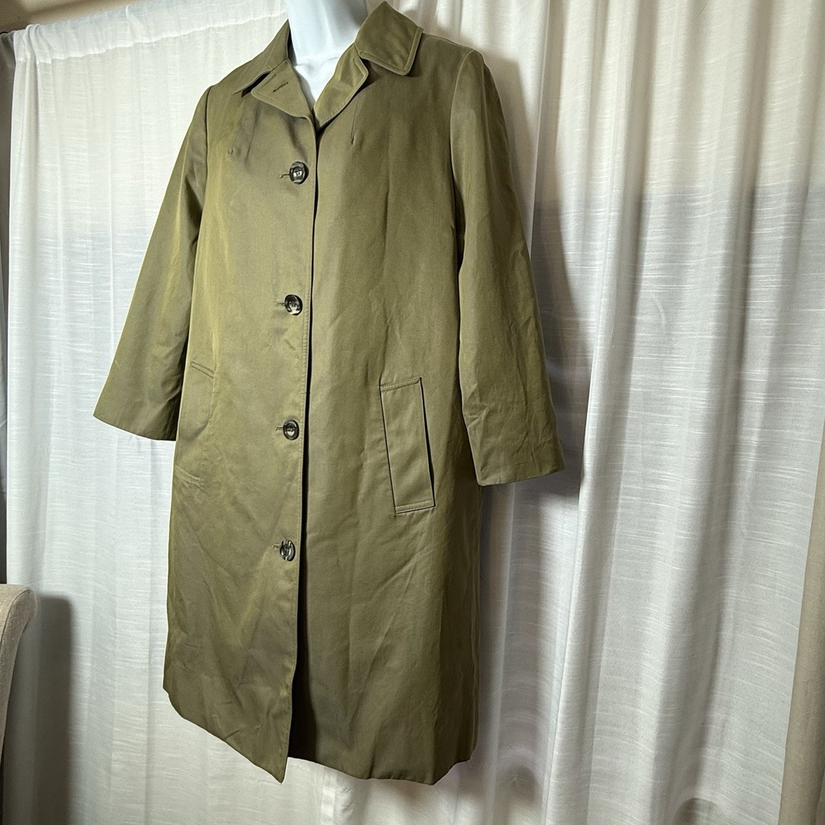 Aquascutum Trench Coat Women L Green Solid Cotton Blend Made in