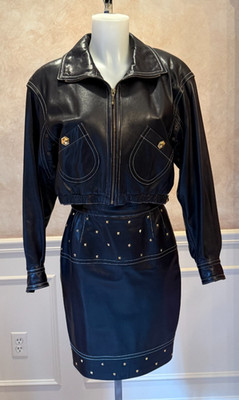 Vintage ESCADA Black Leather Studded Suit - Bomber Jacket & Pencil Skirt 36/6