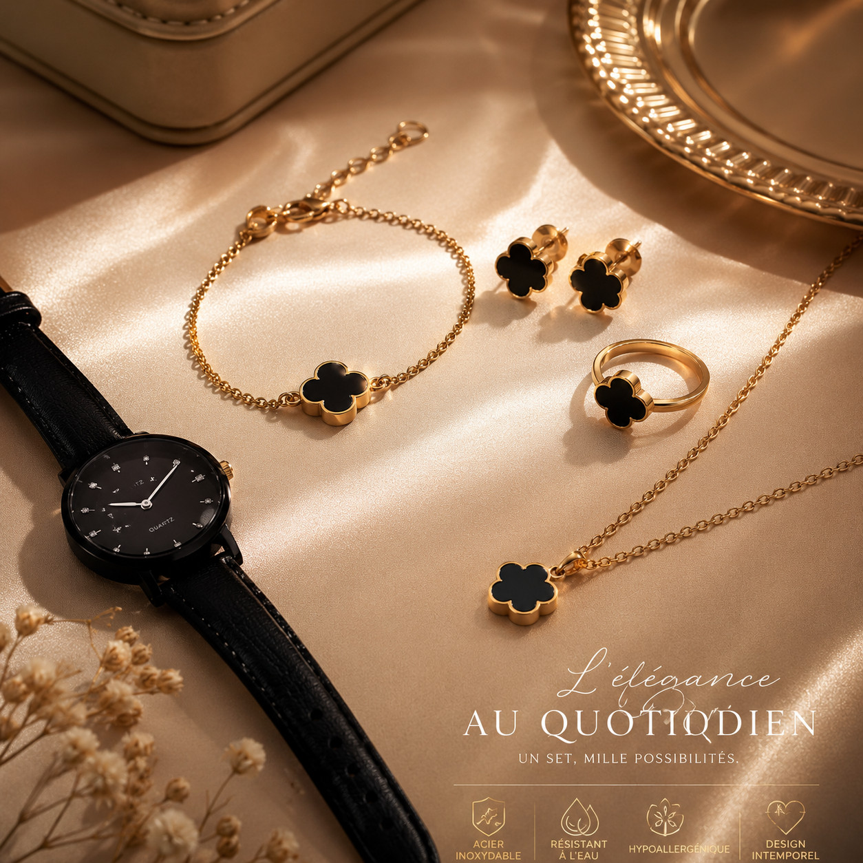 Montre femme or rose et son collier 5 pétales pour tenue de soirée
