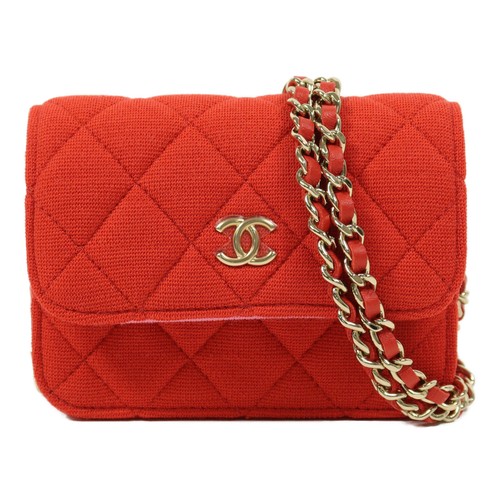 CHANEL CC GHW Mini Flap Clutch With Chain Shoulder Bag Jersey Quilted Red