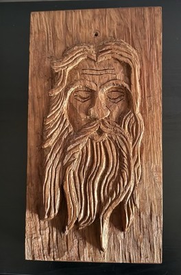 One of a Kind Hand Carved Tree Spirit Oak Block, Wood Relief,  V-Tool Detailing