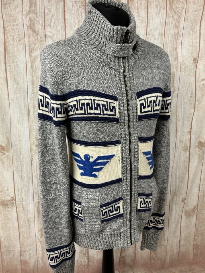 Superdry Men’s Cardigan Large Chunky Knit Aztec Nordic Cowichan Sweater Eagle - Image 2 of 4
