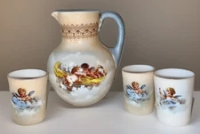 Victorian Cherub Motif Water Set Art Glass Wave Crest Style Pitcher & 3 Tumblers