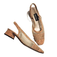 Vanelli Vintage Mesh Cork Sling Back Low Block Heel Dress Shoe Tan 6 1/2 M