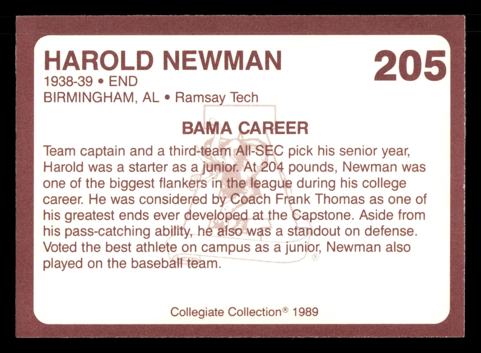 Harold Newman 1989 Collegiate Collection Coke Alabama Crimson Tide (580) #205 - Image 2 of 2