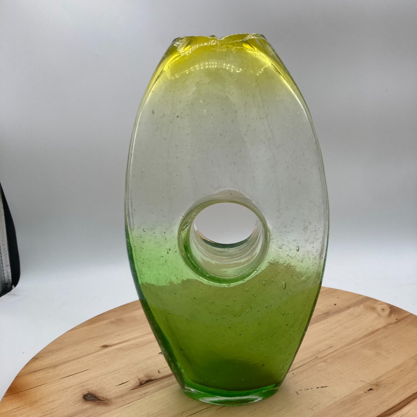 Margie’s Garden Hand Blown Glass Vase Hombre Yellow Green Donut Hole Ikebana