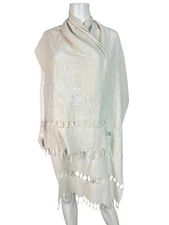 Oscar by Oscar de la Renta Shaw Wrap Scarf Raw Silk Ivory Embroidered Fringe
