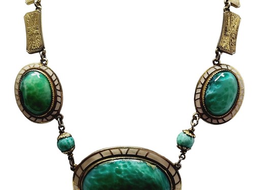 Antike atemberaubende tschechische Art Deco Halskette aus gesprenkeltem Glas und Emaille (A1746) - Bild 3 von 7