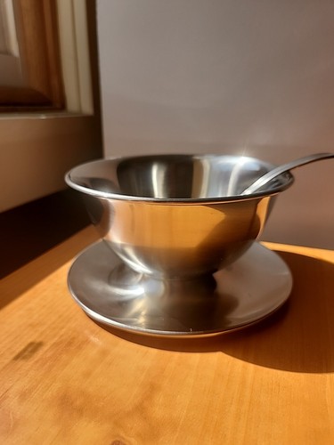 Vintage MCM Oneida Stainless Steel Gravy Boat Serving Bowl W/ Ladle Drip Plate